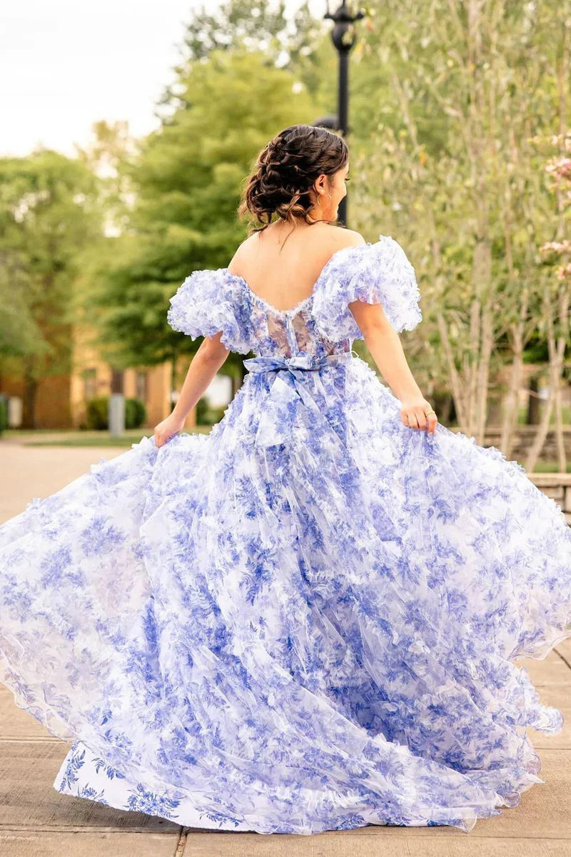 Formal Wear Dresses/Charming A-Line Off the Shoulder Floral Printed Ruffle Tiered Prom Dresses/Prom Dress Shop
